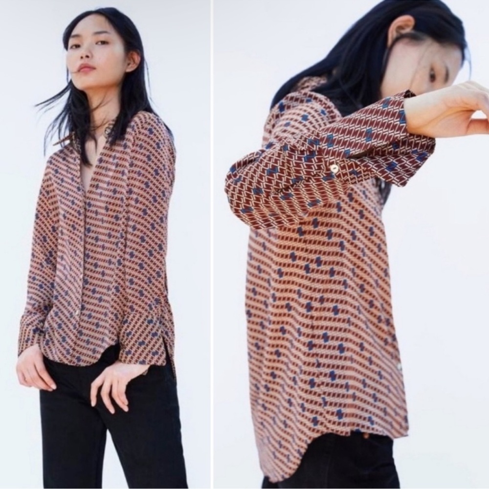 NWT Zara Z Print Button Up Long Sleeve Top Blouse Size M